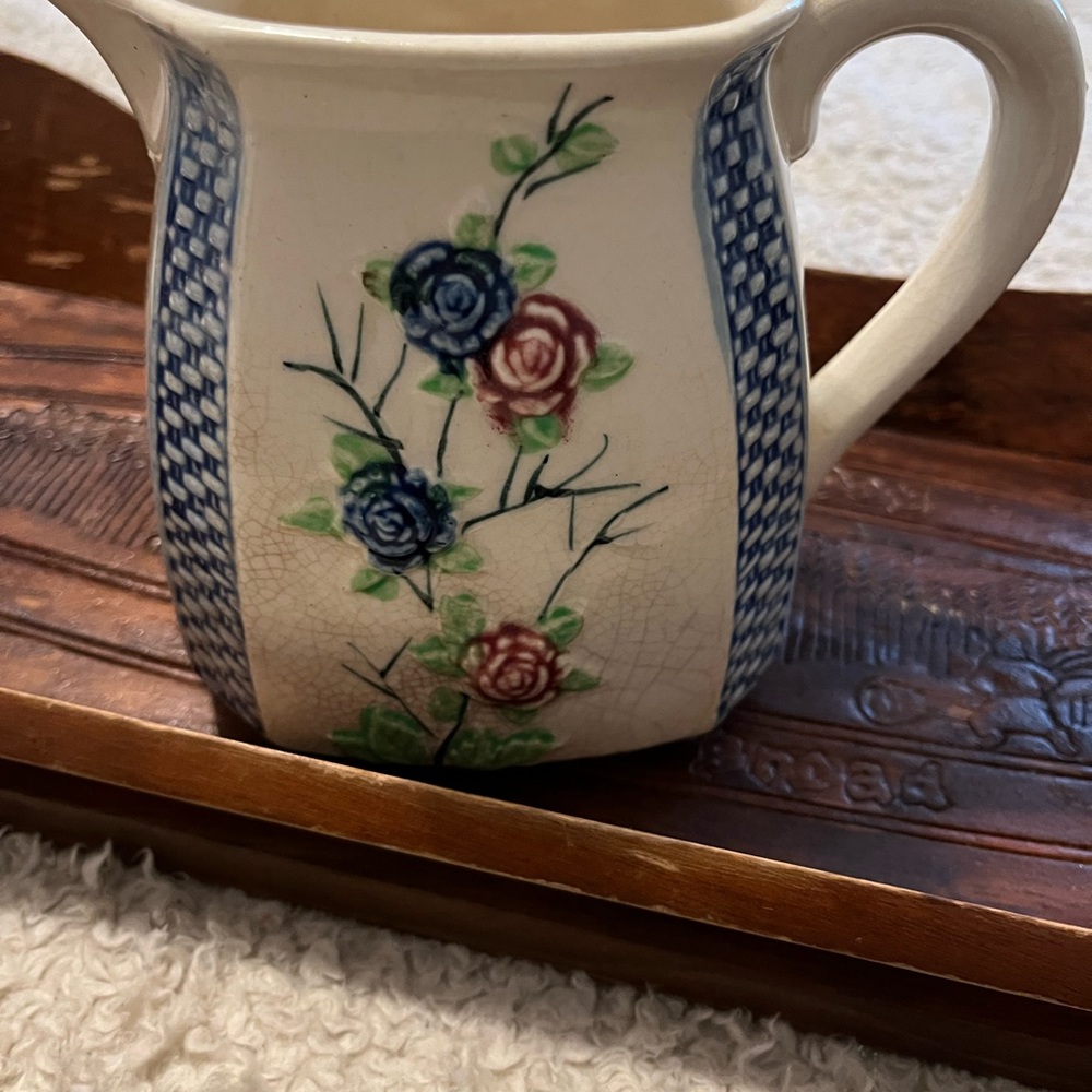 Blue, Green and Red Hand Painted Ceramic Creamer dish with Handcrafted Design